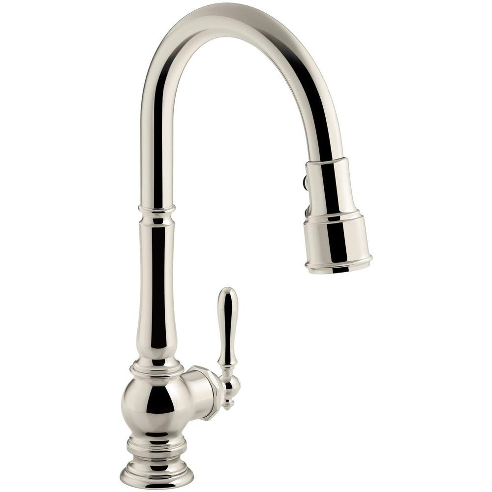 Kohler Artifacts Single Handle Pull Down Sprayer Kitchen Faucet In Vibrant Polished Nickel K 99259 Sn The Home Depot