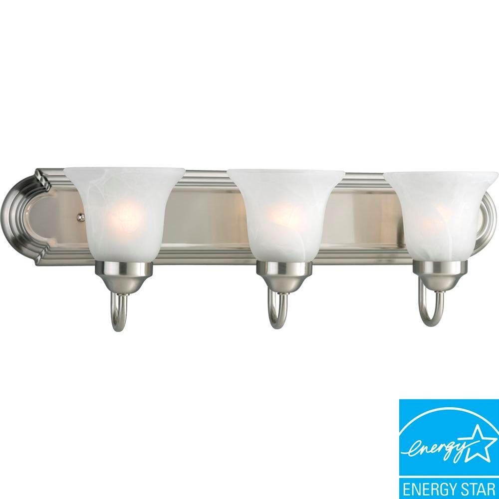 Progress Lighting 3 Light Brushed Nickel Fluorescent Vanity Progress Lighting 3 Light Brushed Nickel Fluorescent Vanity With Alabaster Glass Shades