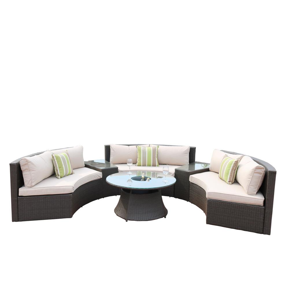 Direct Wicker 6 Piece Half Moon Black Wicker Outdoor Sectional Set With Beige Cushions Pas 1205 Black The Home Depot