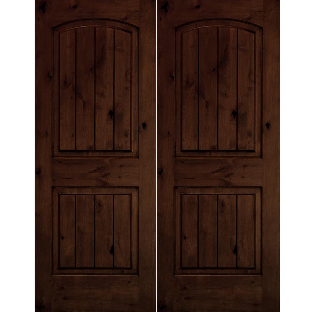 Krosswood Doors 72 in. x 80 in. Rustic Knotty Alder Arch Top Red Mahogony Stain/VGroove Right