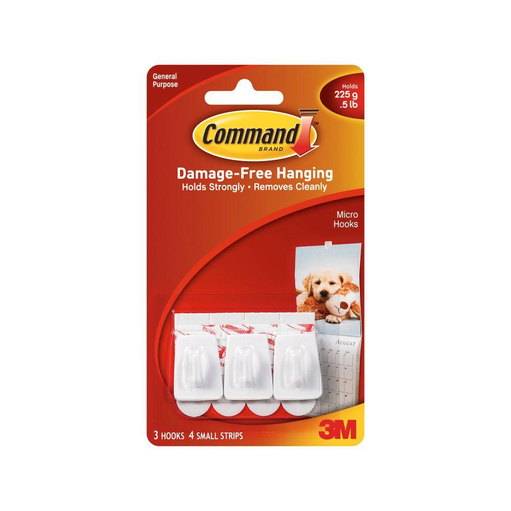 Command 1 in. White Plastic Micro Hooks (3 Hooks, 4 Strips)17066 The