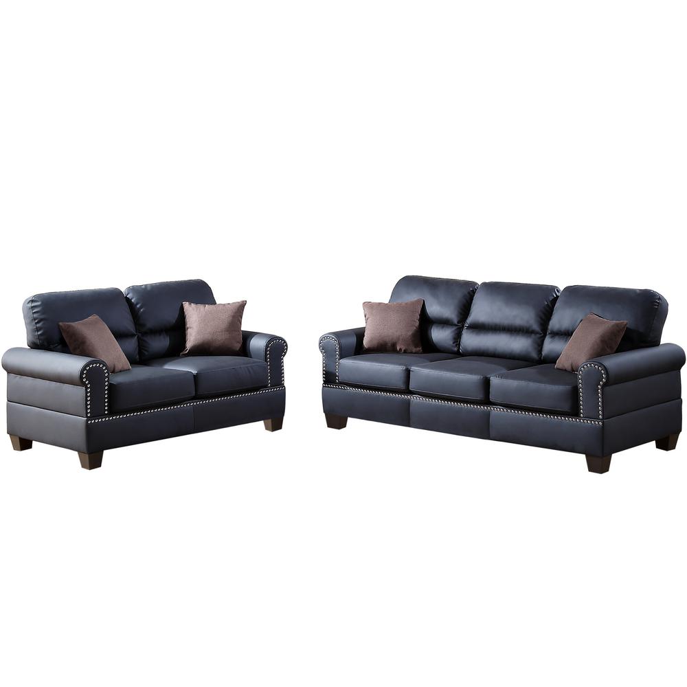Venetian Worldwide Sibillini 2 Piece Black Sofa Set Bonded Leather Black Sofa Set Bonded Leather