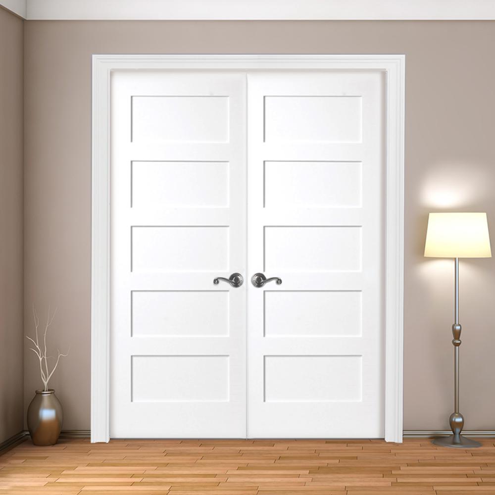 Steves Sons 48 In X 80 In 5 Panel Shaker White Primed Solid Core Wood Double Prehung Interior Door With Nickel Hinges