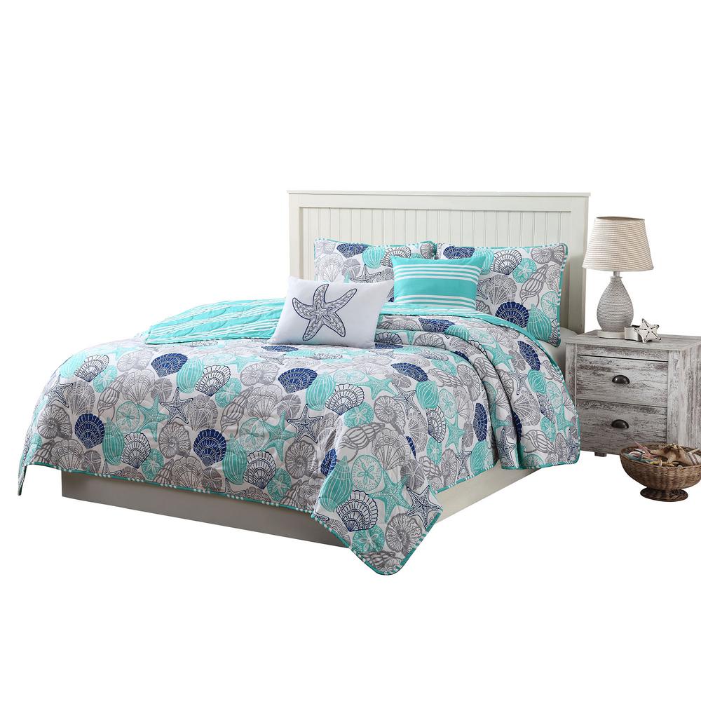Kai 5 Piece Aqua Navy Grey White King Reversible Quilt Set