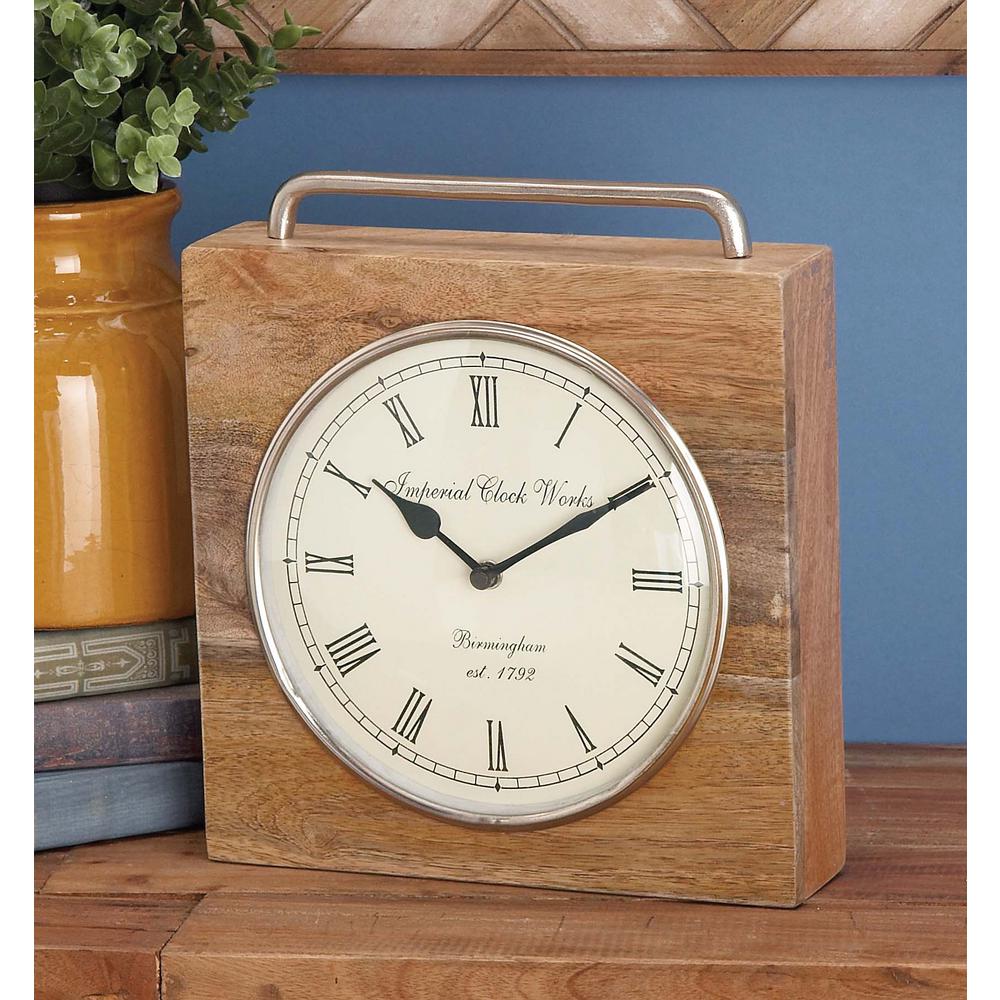 11 in. x 10 in. Rustic Wood and Iron Brown Square Table Clock94430
