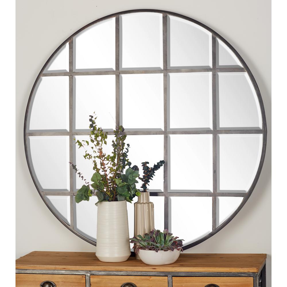 Litton Lane 48 In Round Silver Decorative Wall Mirror With Grid Round Silver Decorative Wall Mirror