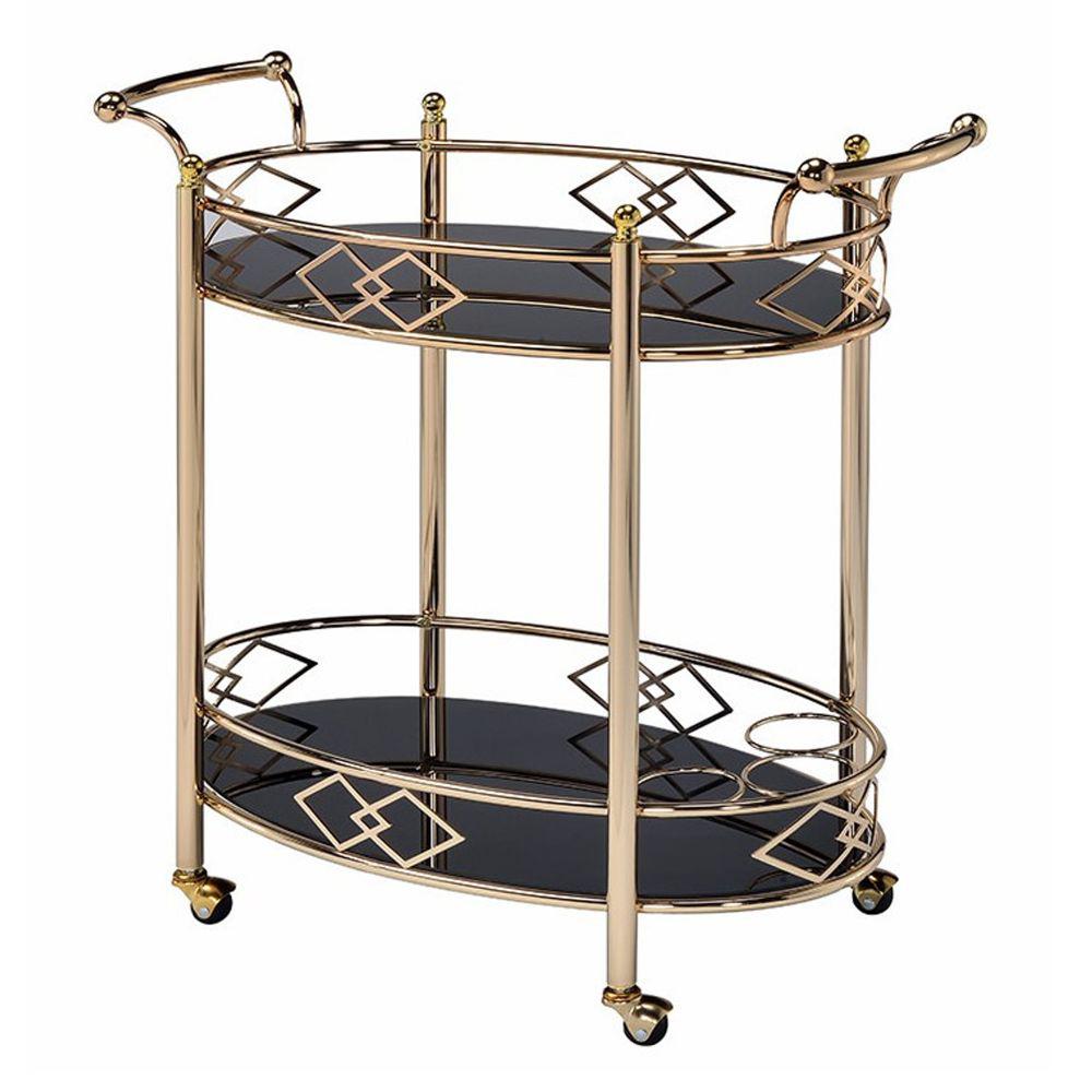 Oval Bar Cart Metal Frame//Tempered Glass Top and Shelf Antique Gold Finish