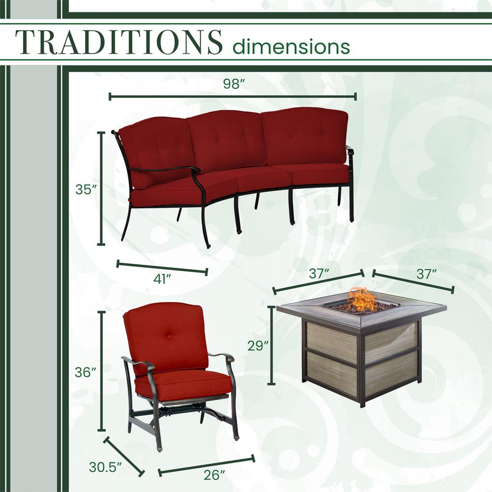 Hanover Traditions 4 Piece Aluminum Patio Fire Pit Seating Set With Red Cushions Crescent Sofa Rockers And Tile Top Fire Pit Trad4pcsqfp Red The Home Depot