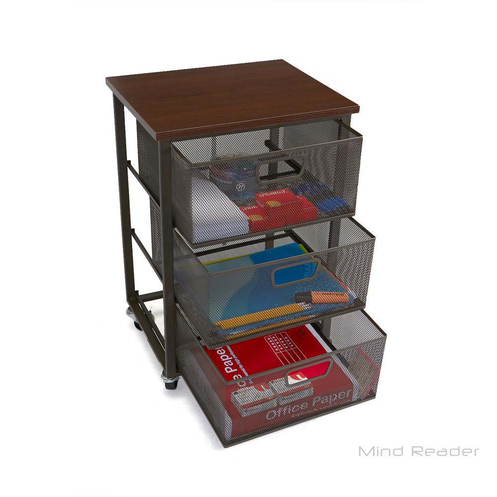 Mind Reader 3 Tier Metal Mesh Mobile Cart In Black With Brown Top 3 Tier Metal Mesh Mobile Cart In Black With Brown Top