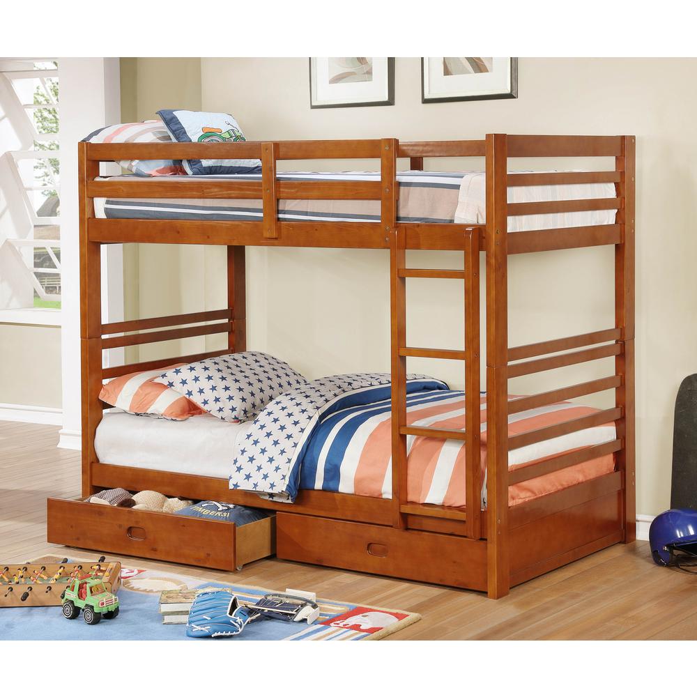 Furniture of America Daxter Oak Twin Over Full Bunk Bed With Drawers ...