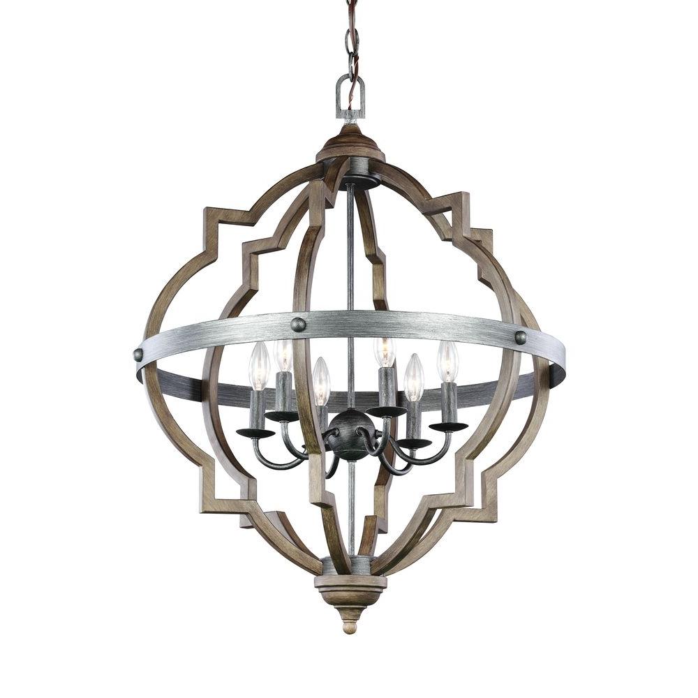 Sea Gull Lighting Socorro 25 in. W. 6-Light Weathered Gray and Distressed Oak Hall-Foyer Pendant