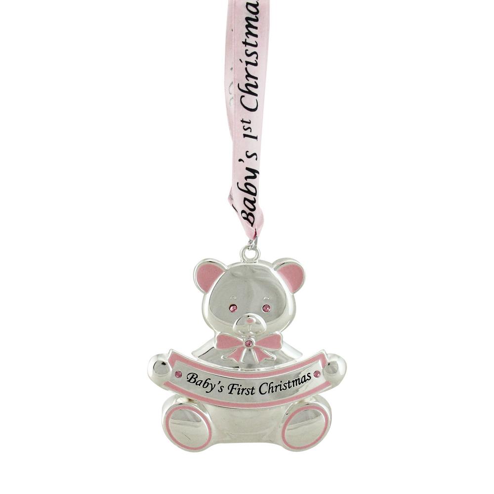 Northlight 3 In Pink Teddy Bear Baby S First Christmas Silver