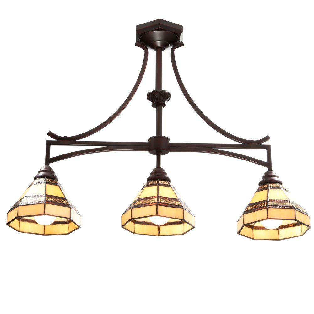 Hampton Bay Addison 3 Light Oil Rubbed Bronze Kitchen Island Light With Tiffany Style Stained Glass Shades 14789 The Home Depot