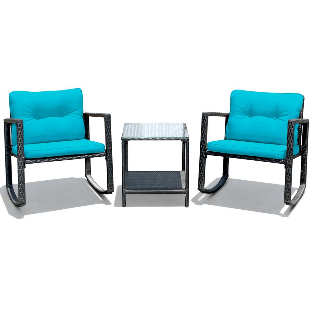 Costway Black 3 Piece Rattan Wicker Patio Conversation Set Rocking Chairs With Blue Cushions Hw62861bl The Home Depot