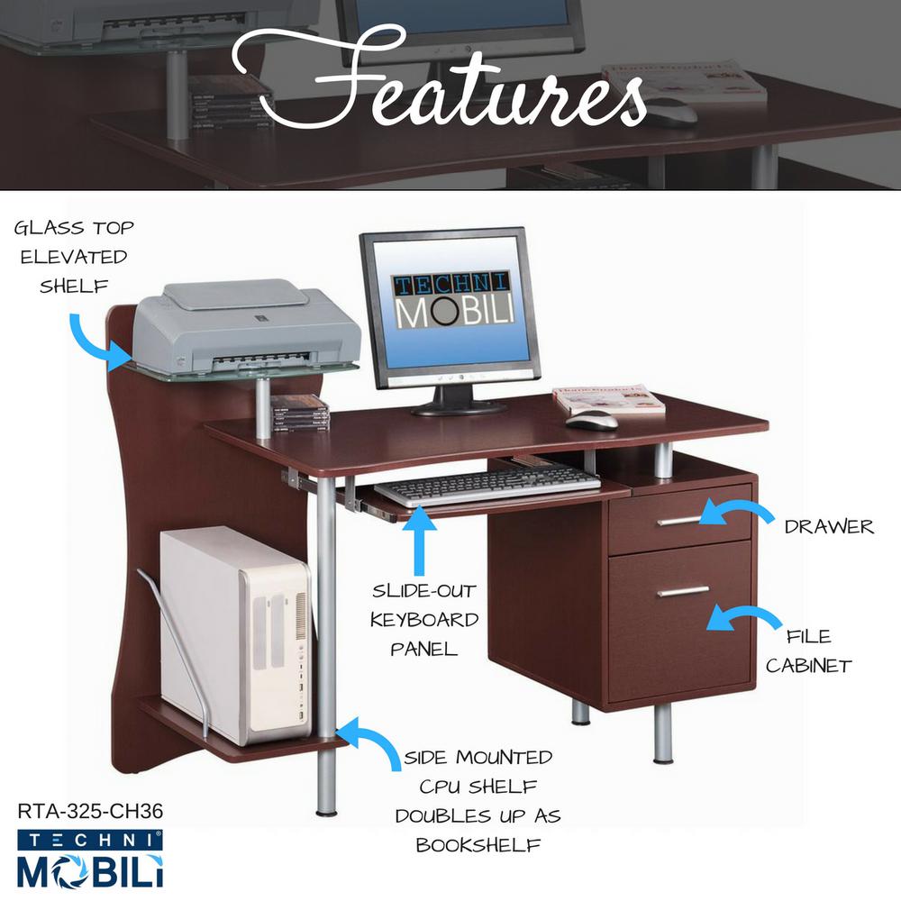 Techni Mobili Chocolate Stylish Computer Desk With Storage Rta 325