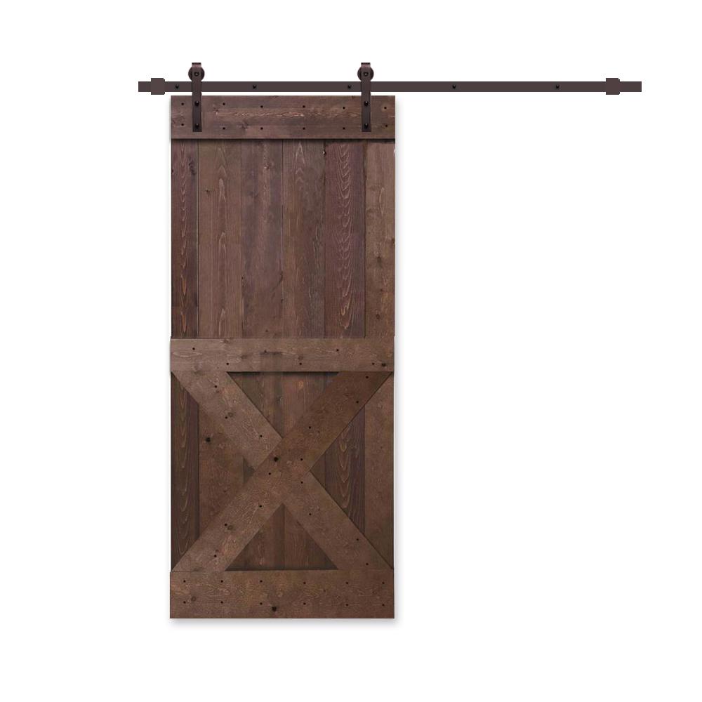 CALHOME Mini X 38 in. x 84 in. Walnut Stained Knotty Pine Wood Interior Sliding Barn Door with