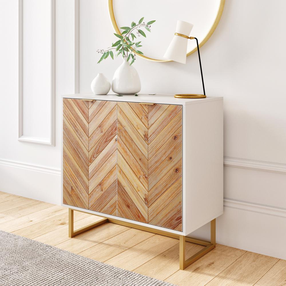 Enloe White Frame Brown Rustic Doors Gold Base Free Standing Modern Storage Cabinet for Entryway