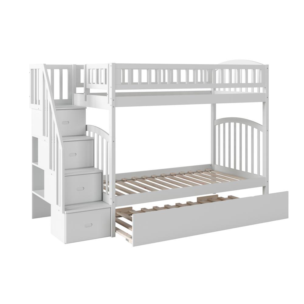 white wooden bunk beds with stairs