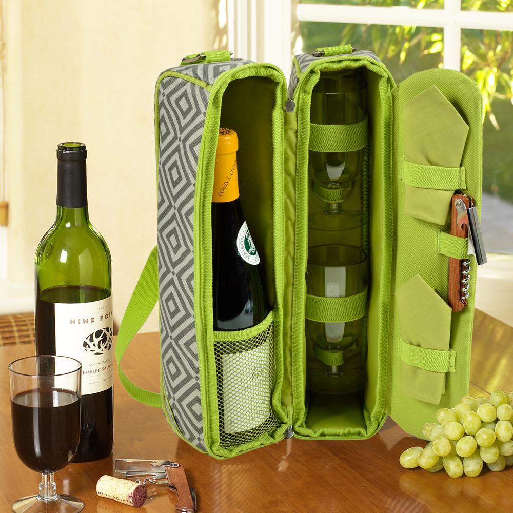 Picnic at Ascot Sunset Diamond Granite Gray Wine Tote for 2 with Glasses