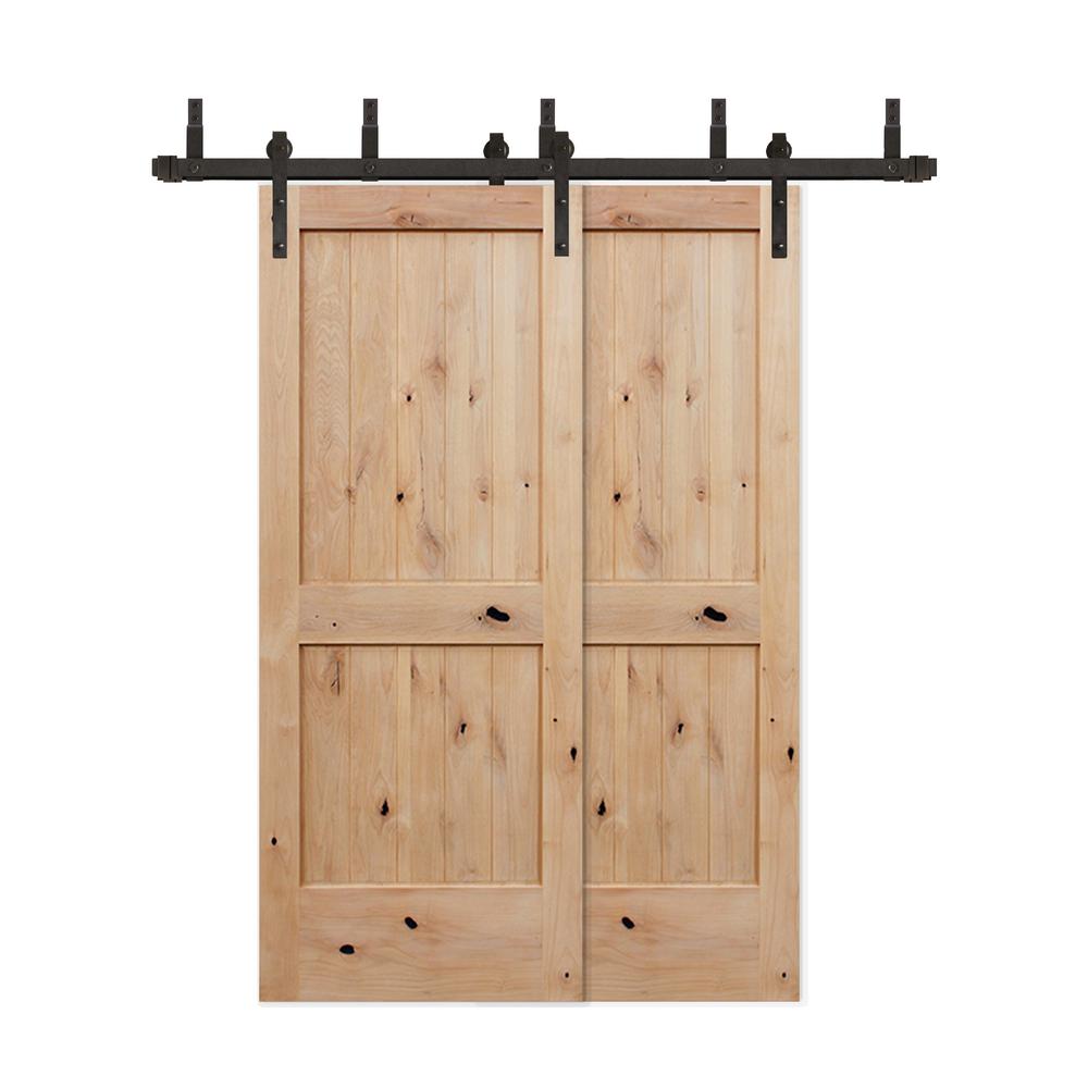 Pacific Entries 60in X 80in Bypass 2 Pnl V Groove Solid Core Knotty Alder Sliding Barn Door With Bronze Hardware Kit And Soft Close