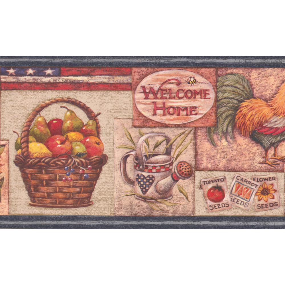 Retro Art American Flag Rooster Fruit Basket Sunflower Watermelon