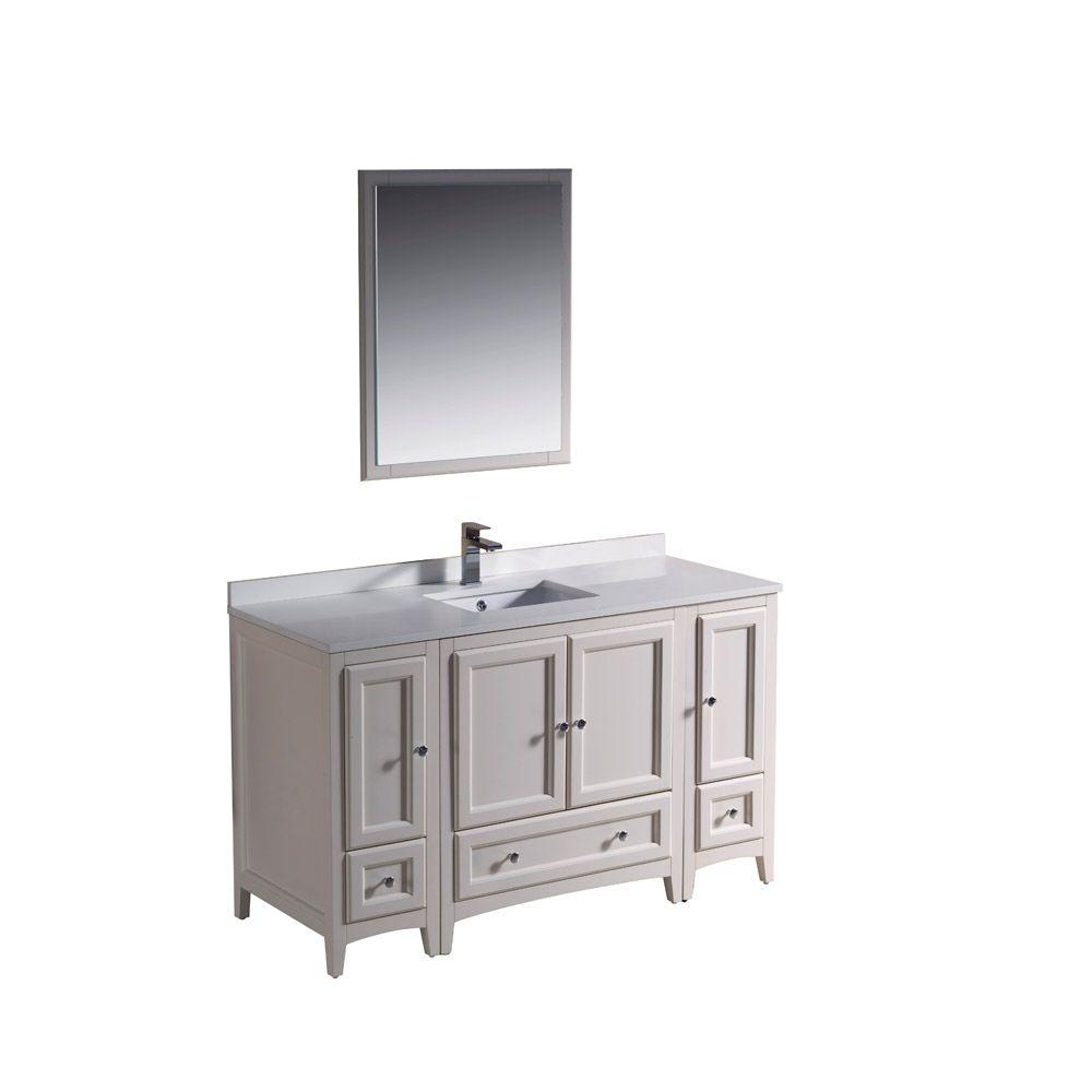 Fresca Oxford 54 In Vanity In Antique White With Ceramic Vanity Top In White With White Basin And Mirror