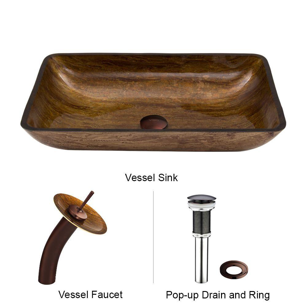 VIGO Rectangular Vessel Sink in Amber Sunset with Waterfall Faucet Set