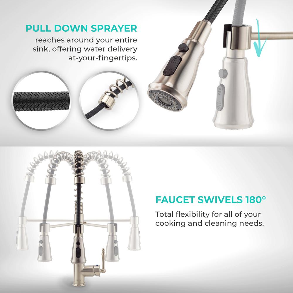 Akdy Commercial Style Spring Neck Single Handle Pull Down Sprayer Kitchen Faucet With 2 Function Sprayer In Brushed Nickel Kf0011 The Home Depot