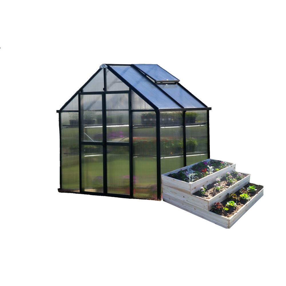Monticello 8 Ft X 4 Ft Black Patio Greenhouse With 4 Ft X 4 Ft X 17 5 In Natural Colored Wood Waterfall Pyramid Garden Bed Kit Mont Patio 3tier Hd The Home Depot