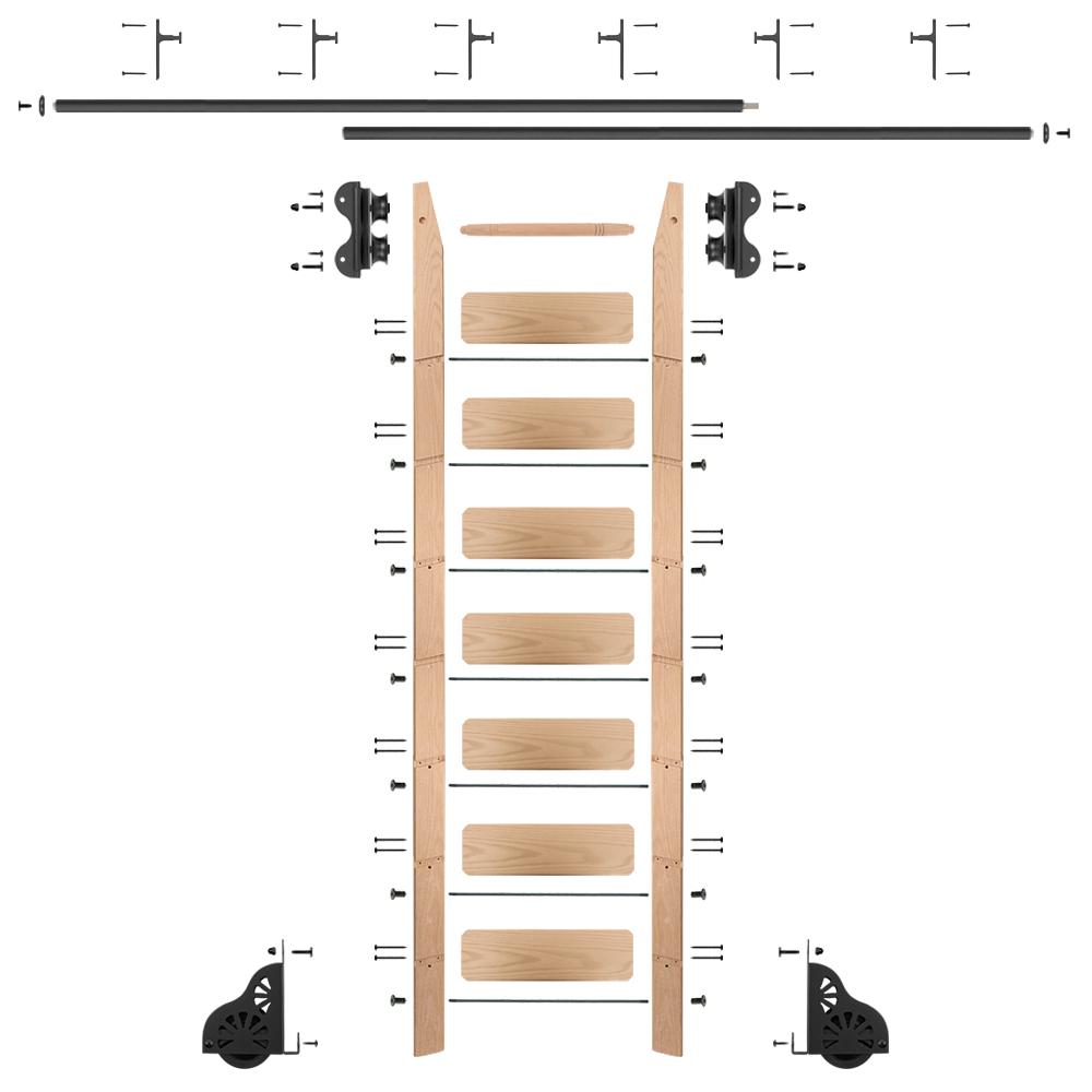 Quiet Glide 8 Ft Red Oak Library Ladder 9 Ft Reach Black