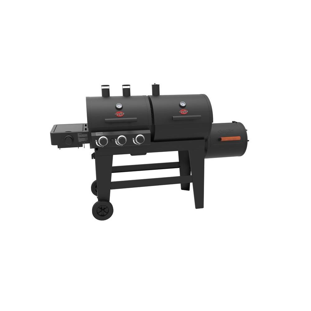 Char Griller Triple Play 3 Burner Gas Charcoal Grill And Horizontal Char Griller Triple Play 3 Burner Gas Charcoal Grill And Horizontal Smoker In Black 93560 The Home Depot