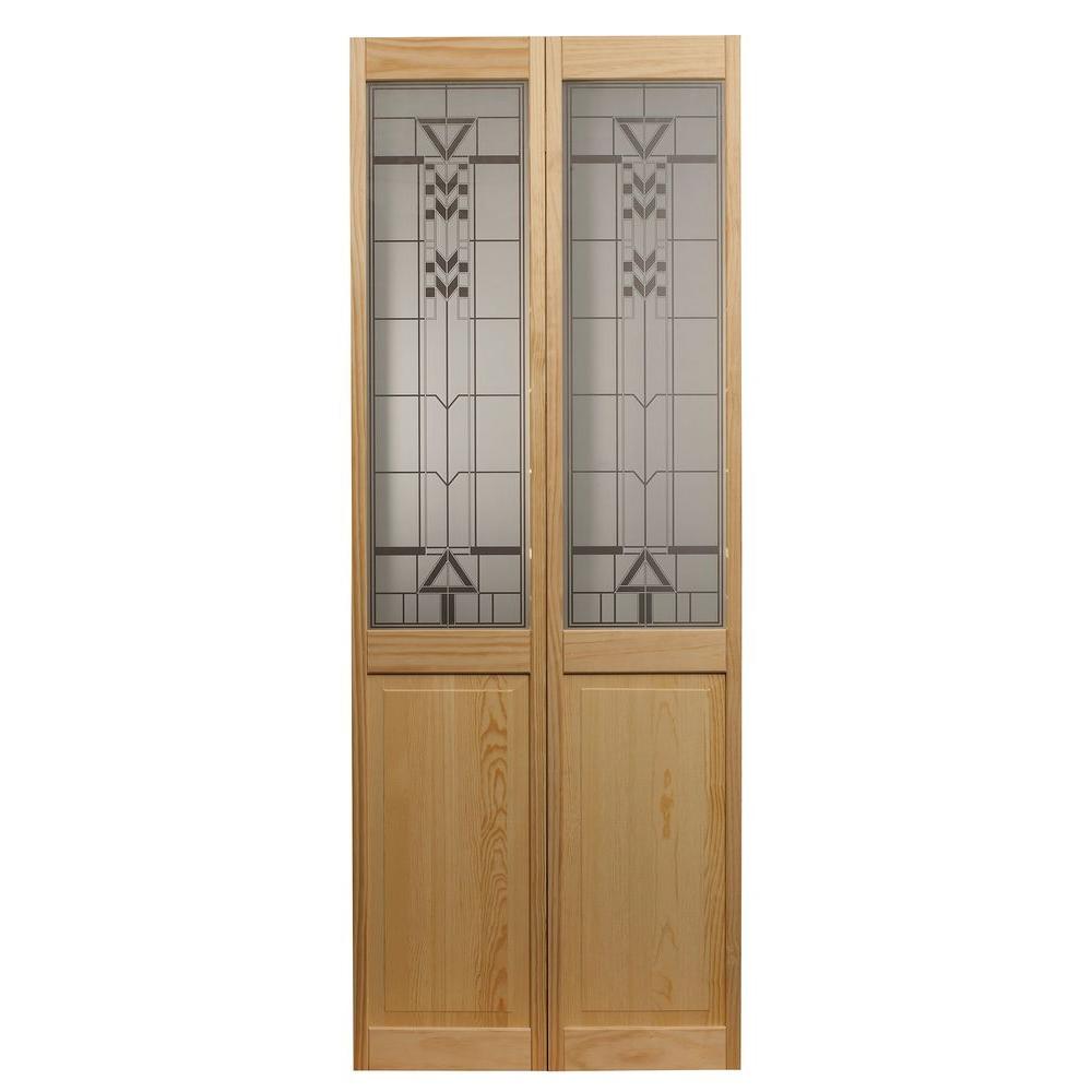 29 5 In X 78 625 In Deco Glass Over Raised Panel 1 2 Lite Decorative Pine Wood Interior Bi Fold Door