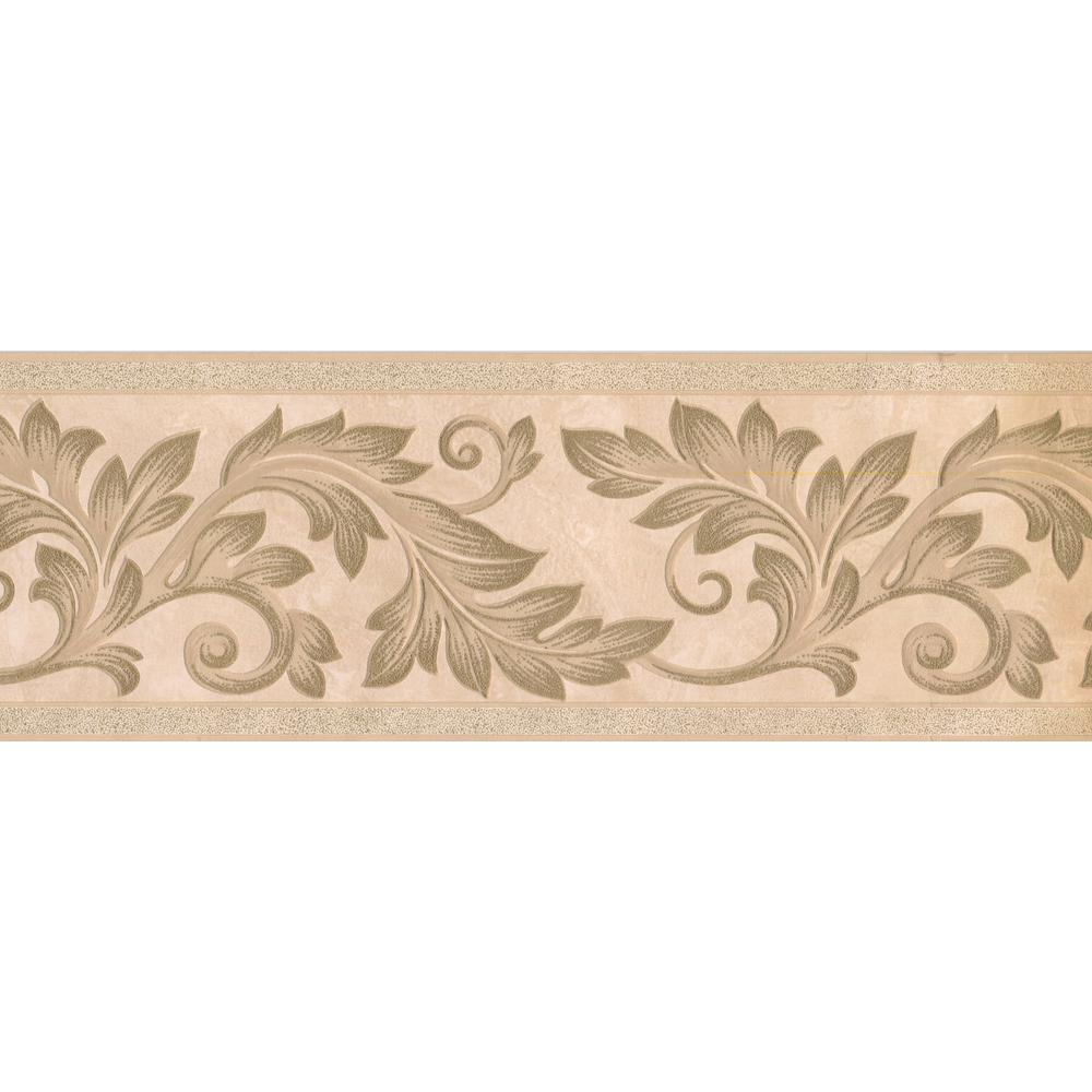 Light Green Damask Vines On Beige Prepasted Wallpaper Border