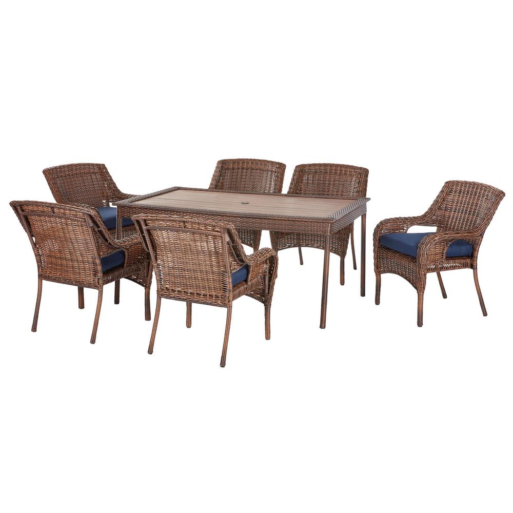 Cambridge 7-Piece Brown Wicker Outdoor Patio Dining Set with Standard Midnight Navy Blue Cushions