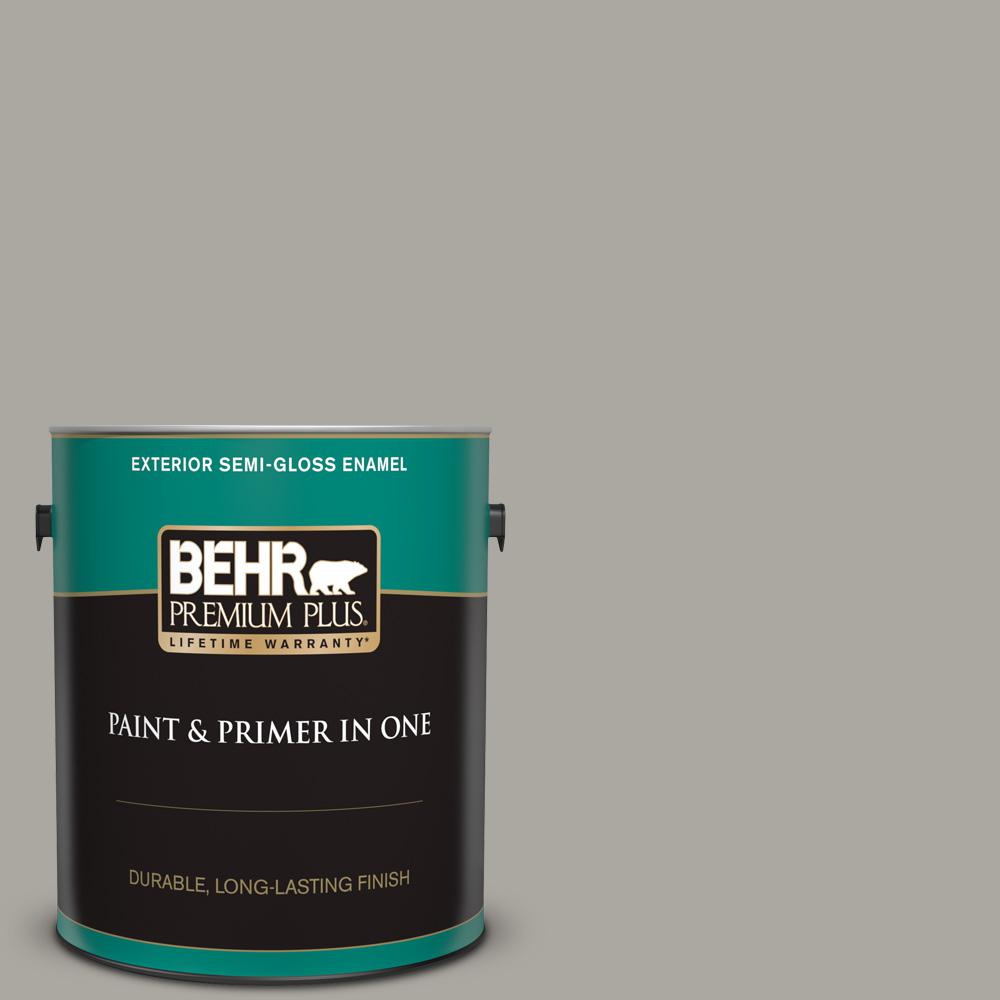 Behr Premium Plus 1 Gal N360 3 Still Gray Semi Gloss Enamel Exterior Paint And Primer In One The Home Depot