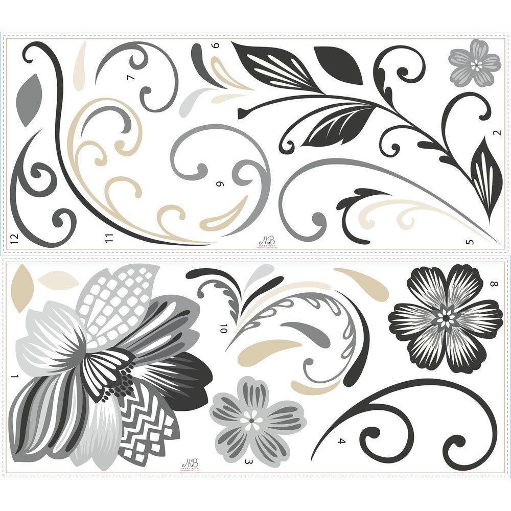 Roommates 5 In X 19 Black And White Flower Scroll 22 Piece