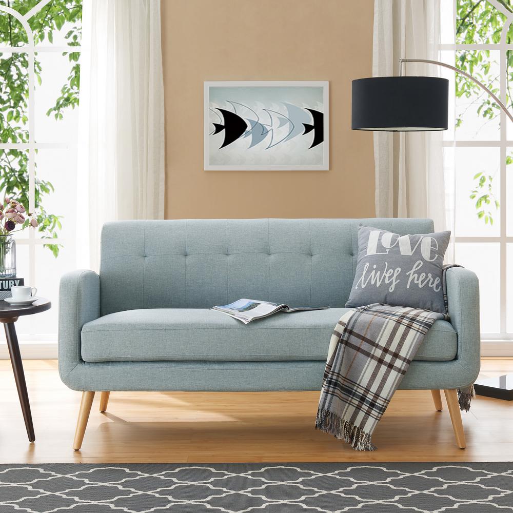 Handy Living Kingston Light Blue Linen Mid Century Modern Sofa