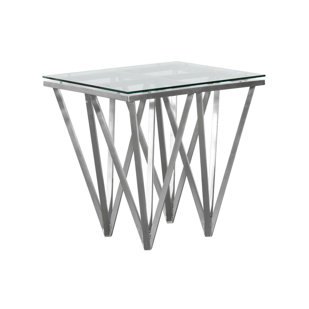 Armen Living Tempered Glass Top Contemporary Square End Table In Brushed Stainless Steel
