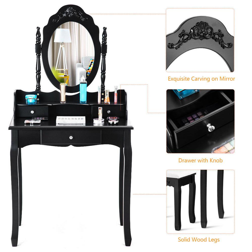 Vanity Compact Makeup Dressing Table Stool Set Jewelry Desk Drawer Mirror Black