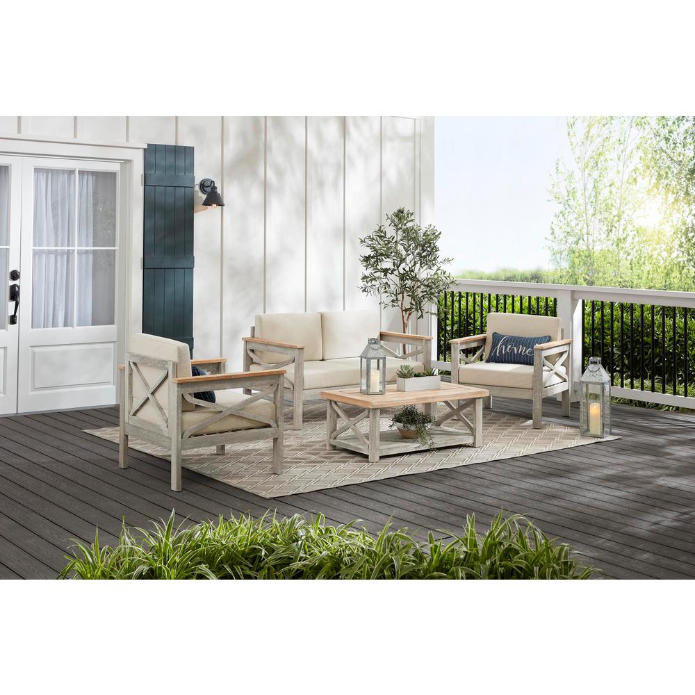 Hampton Bay Coral Crest Weathered Light Teak 4 Piece Wood Patio Conversation Set With Beige Cushions 81986 The Home Depot