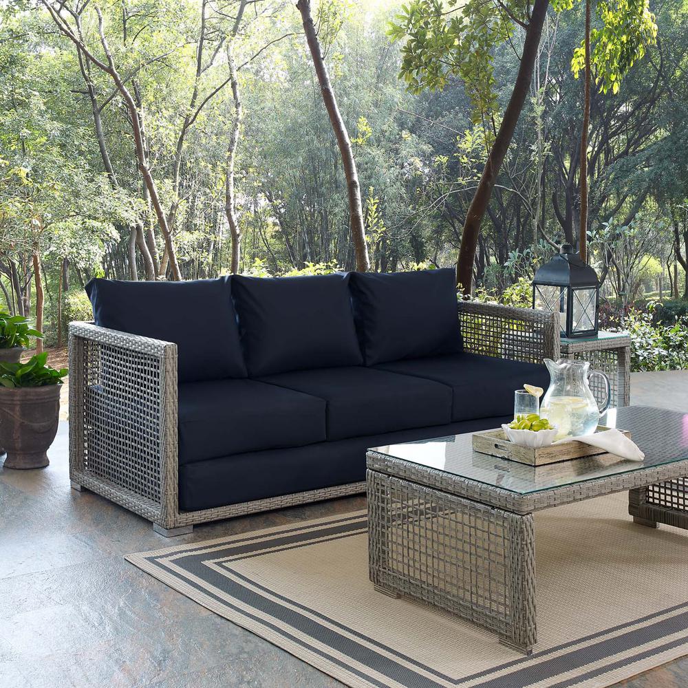  MODWAY Aura Gray Wicker Outdoor Sofa with Navy Cushions 