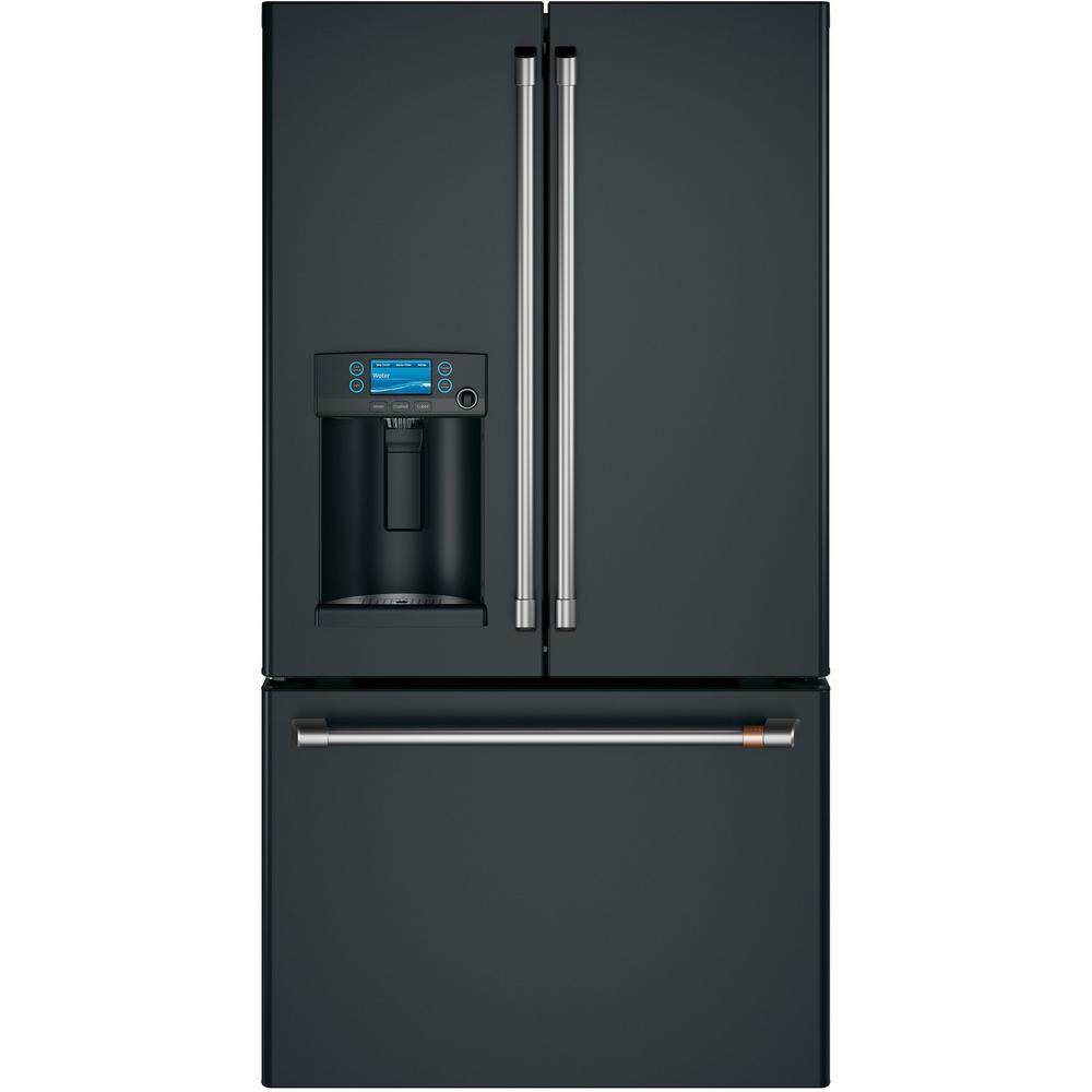 Cafe 27.8 cu. ft. French Door Refrigerator with Hot Water Dispenser in Matte Black, Fingerprint Resistant