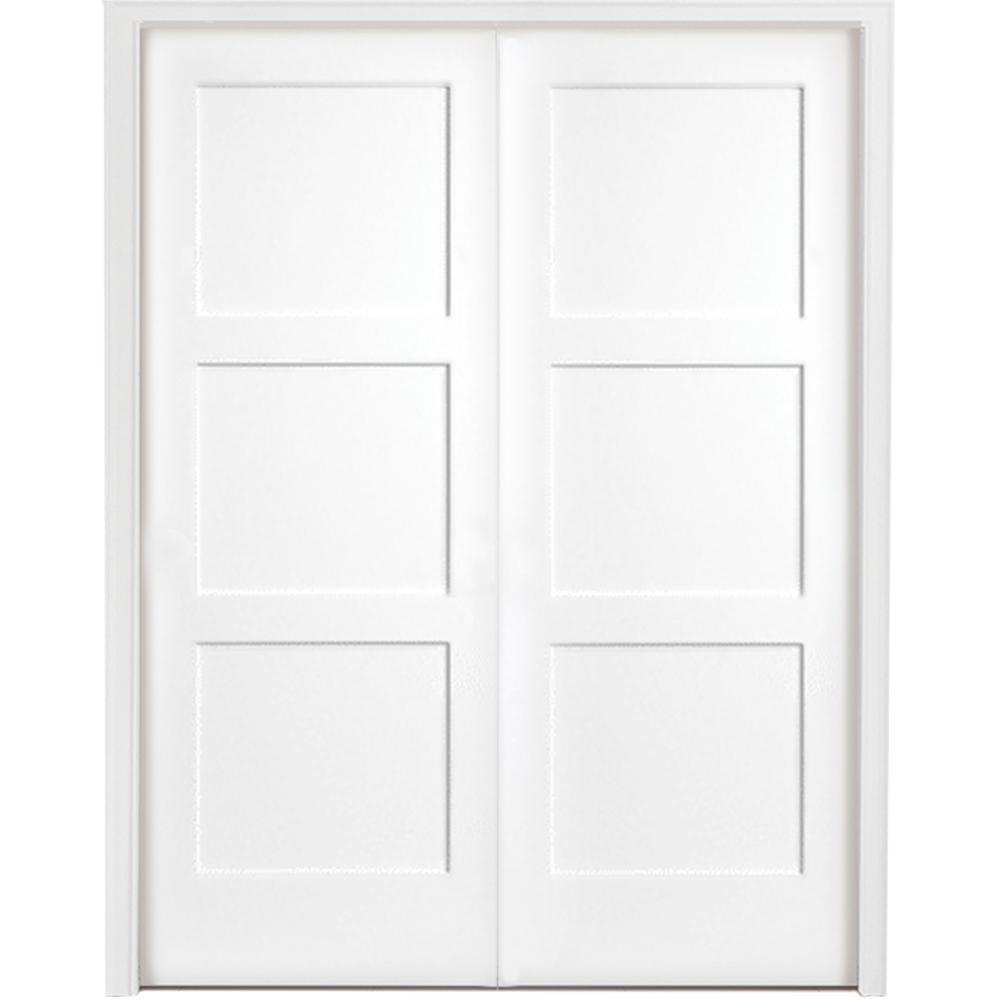 48 In X 80 In 3 Panel Equal Shaker White Primed Solid Core Wood Double Prehung Interior Door With Bronze Hinges