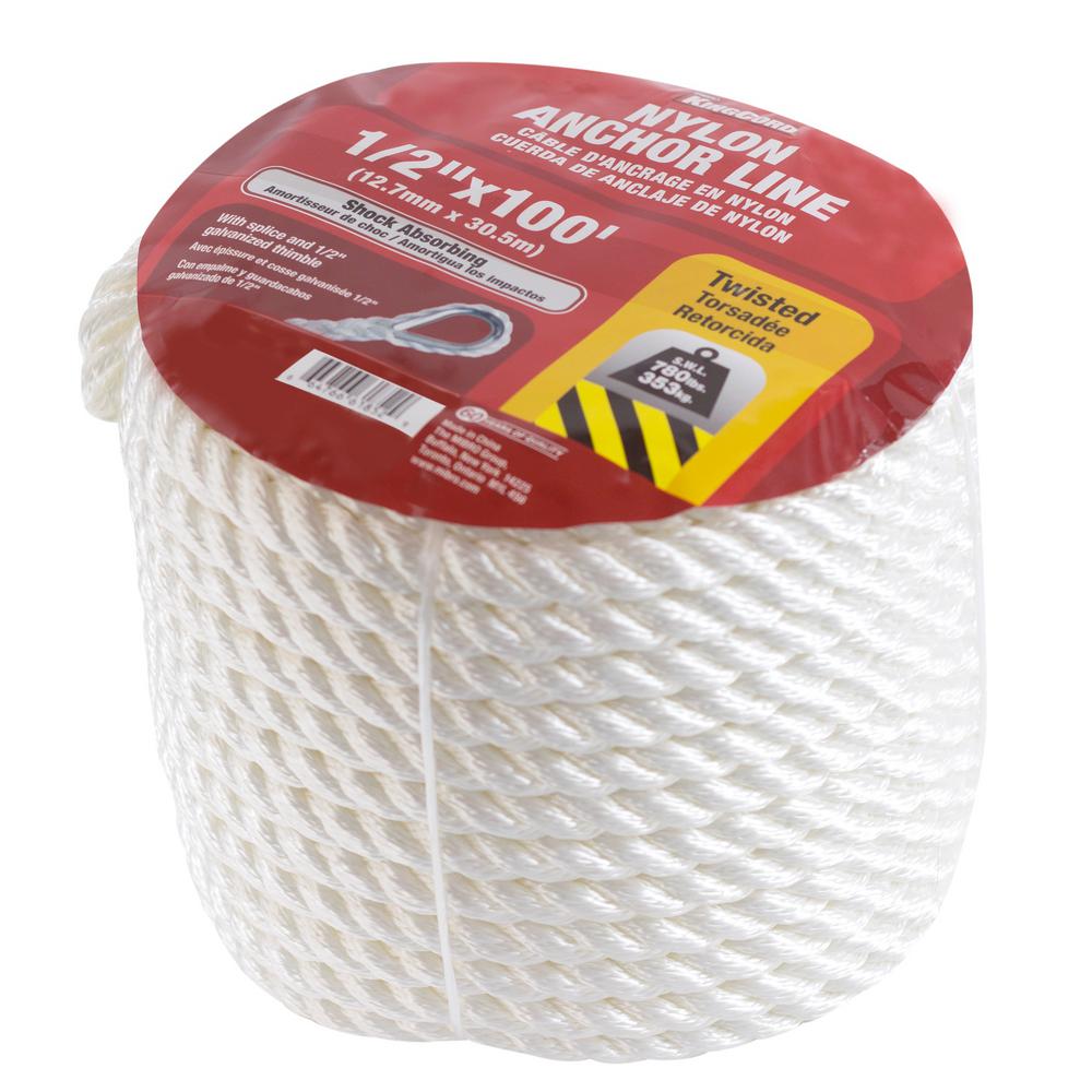 Kingcord 1 2 In X 100 Ft Twisted Nylon Anchor Line With 1 2 In Galvanized Thimble White Color Coiled 458971 The Home Depot