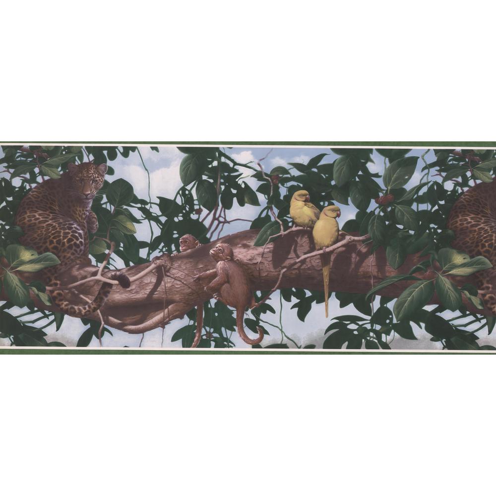YELLOW BIRDS MONKIES AND LEOPARDS ON TREE BRANCH Wallpaper bordeR Wall Decor