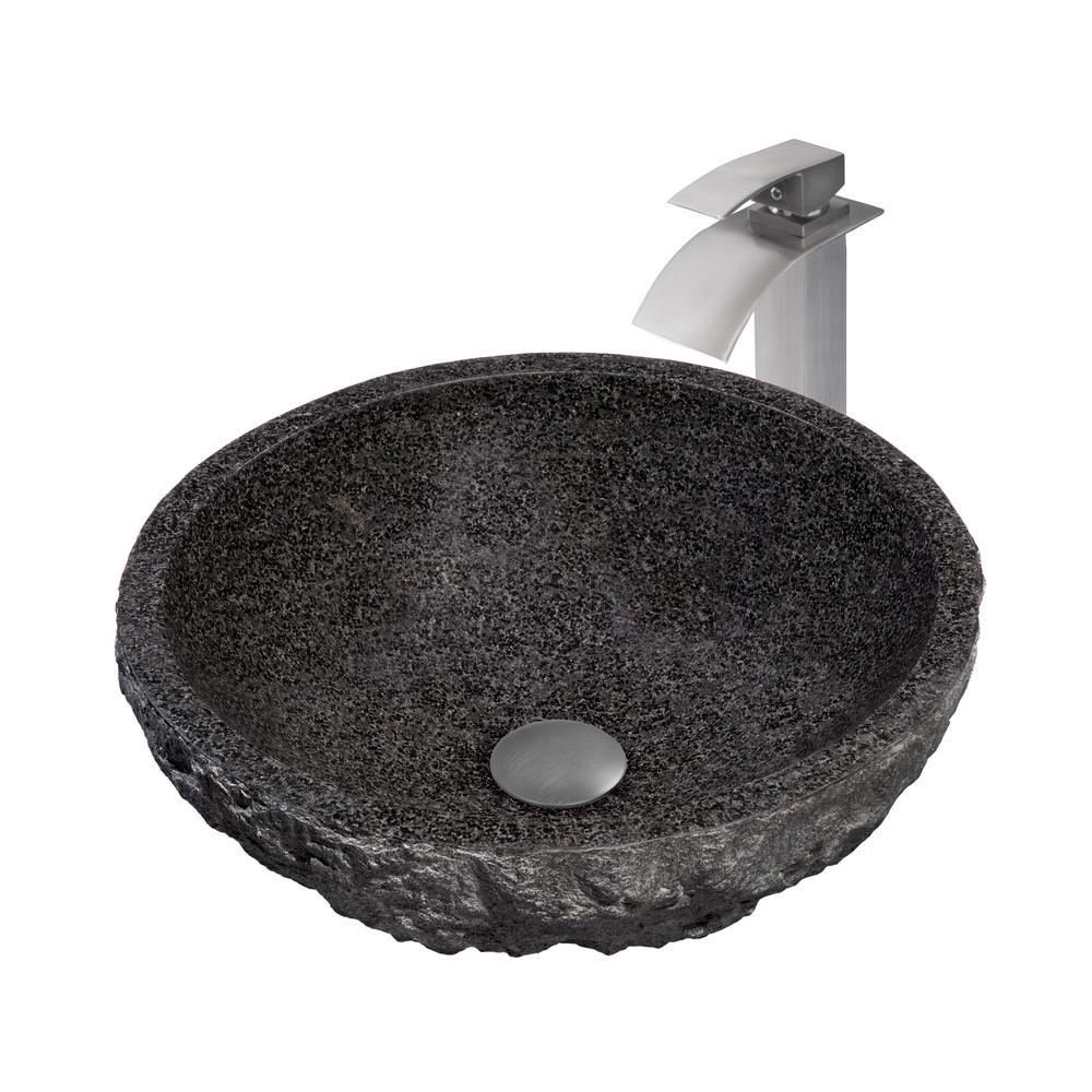 Stone Vessel Sink in Black with Sealer, Drain and Faucet in Brushed
