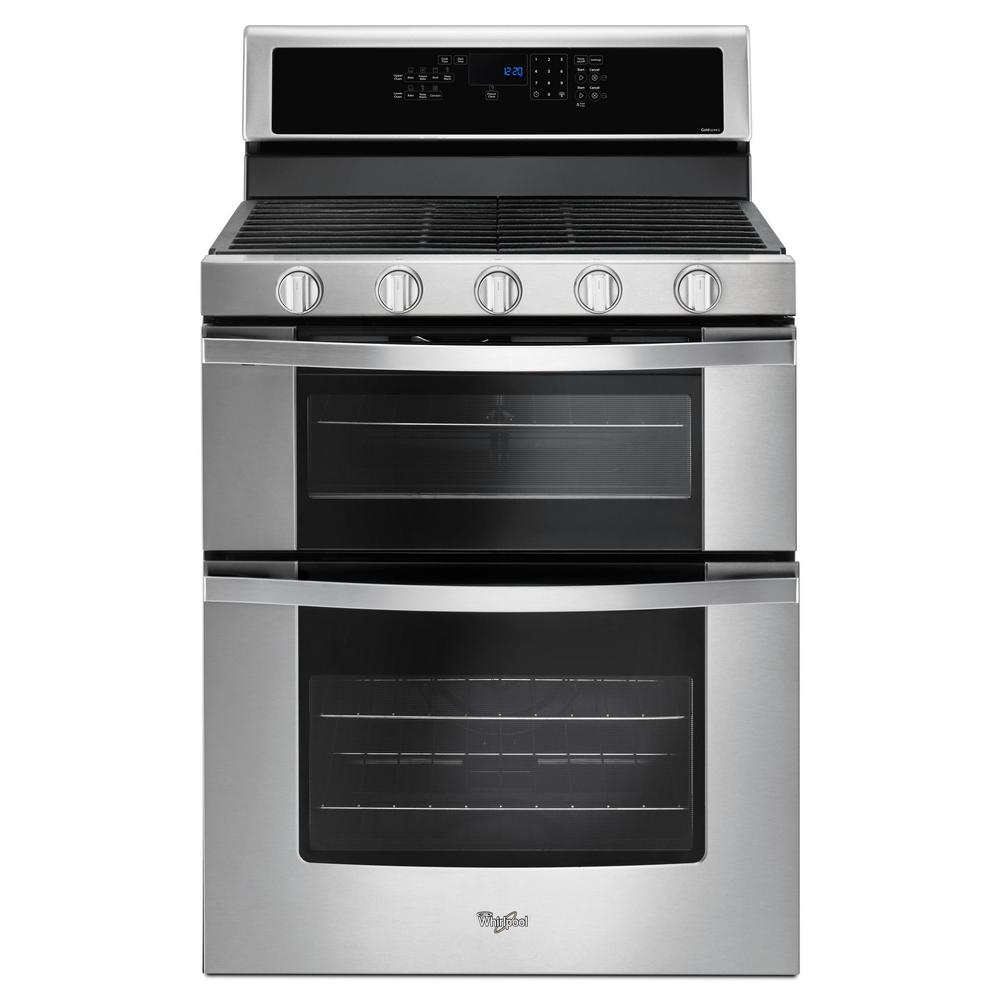 Whirlpool 6.0 cu. ft. Double Oven Gas Range with Center Oval Burner in Whirlpool Stainless Steel Double Oven