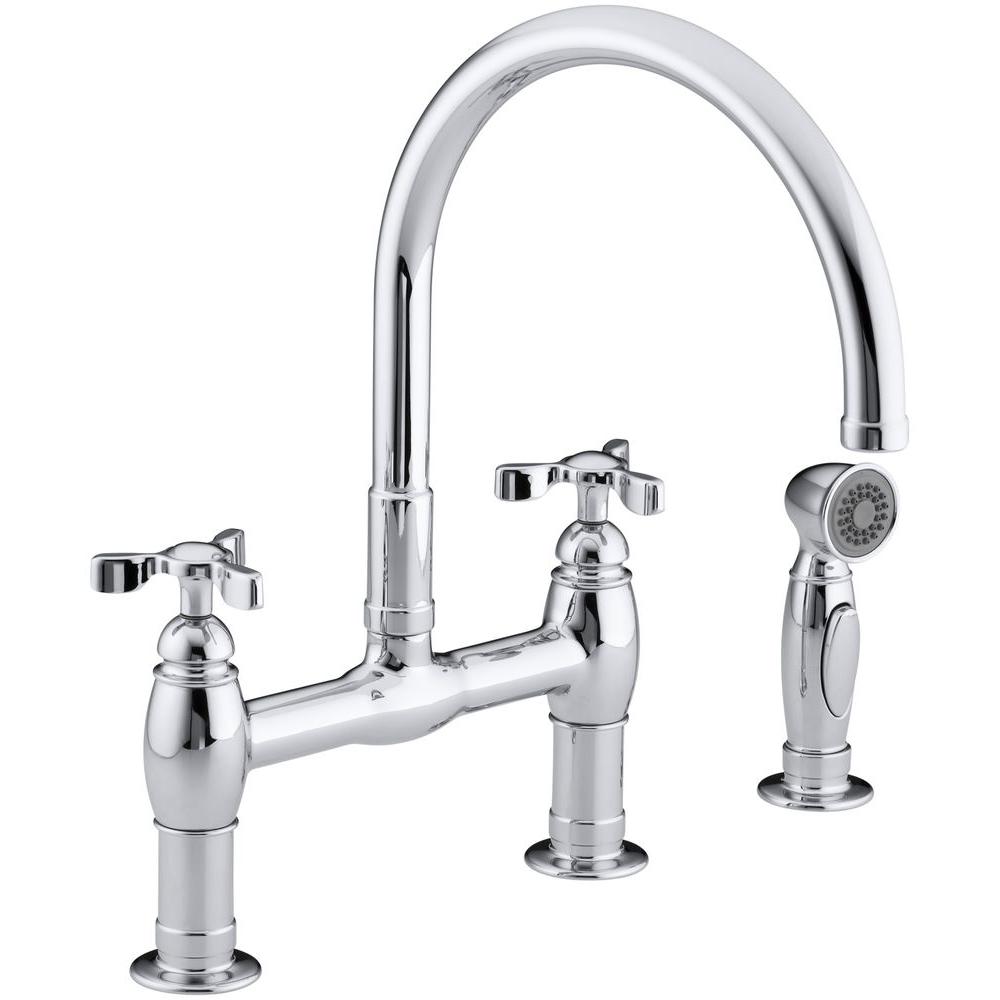 Kohler Parq 2 Handle Bridge Kitchen Faucet With Side Sprayer In Polished Chrome