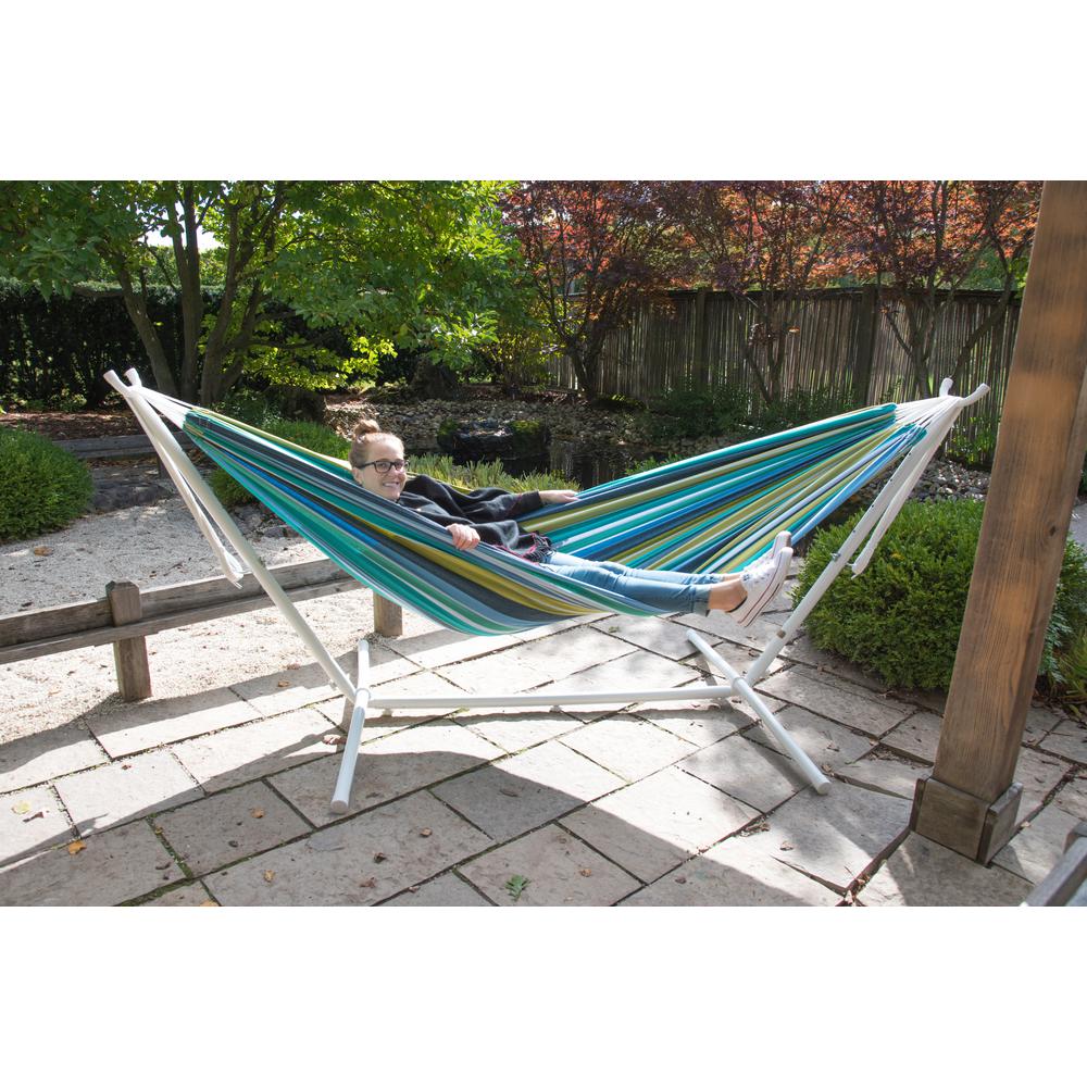 Vivere 9 Ft Cotton Double Hammock With Stand In White And Cayo Vivere 9 Ft Cotton Double Hammock With