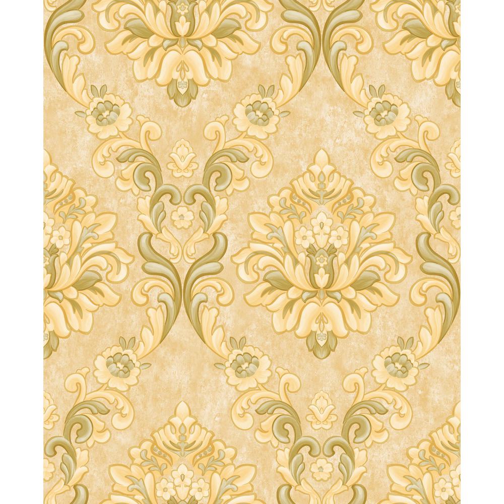 Falkirk Ophia Gold, Dark Mustard Yellow Damask Vines Vinyl Peelable